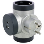 694524 Legrand Адаптер PRE, шуко, 2P+E, 16A, 2 странични гнезда,  въртящ се,+ USB A+C, сиво/алуминий