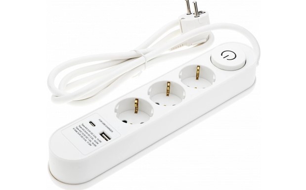 7617-1 РАЗКЛОНИТЕЛ 3 ГНЕЗДА+КЛЮЧ Max3500W 250V/16A+USB-A(1A)+USB-C(PD18W) H05VV-F3G1.5mm-1.5M- БЯЛ - Image 1