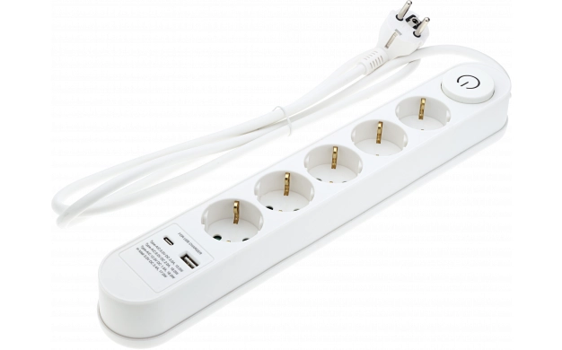 7618_1708432119.png РАЗКЛОНИТЕЛ 5 ГНЕЗДА+КЛЮЧ Max3500W 250V/16A USB-A(1A)+USB-C(PD18W) H05VV-F3G1.5mm-1.5M – БЯЛ - Image 1